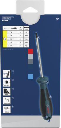 Bộ tua vít Bosch TX với cán bằng crom vanadi và mã màu.